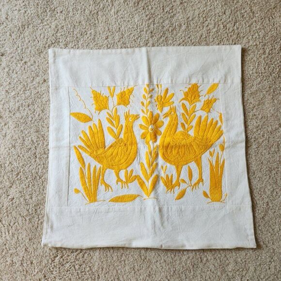 Otomi 20" Pillow Cover Only Oversized Square Hand Embroidered Yellow Birds NEW - Picture 2 of 11